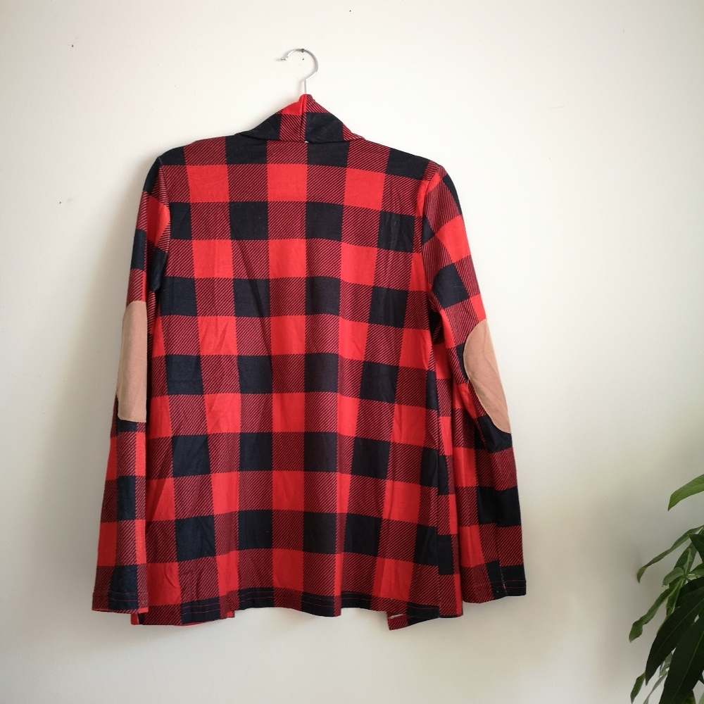 Plaid Cardigan with Elbow Patches
